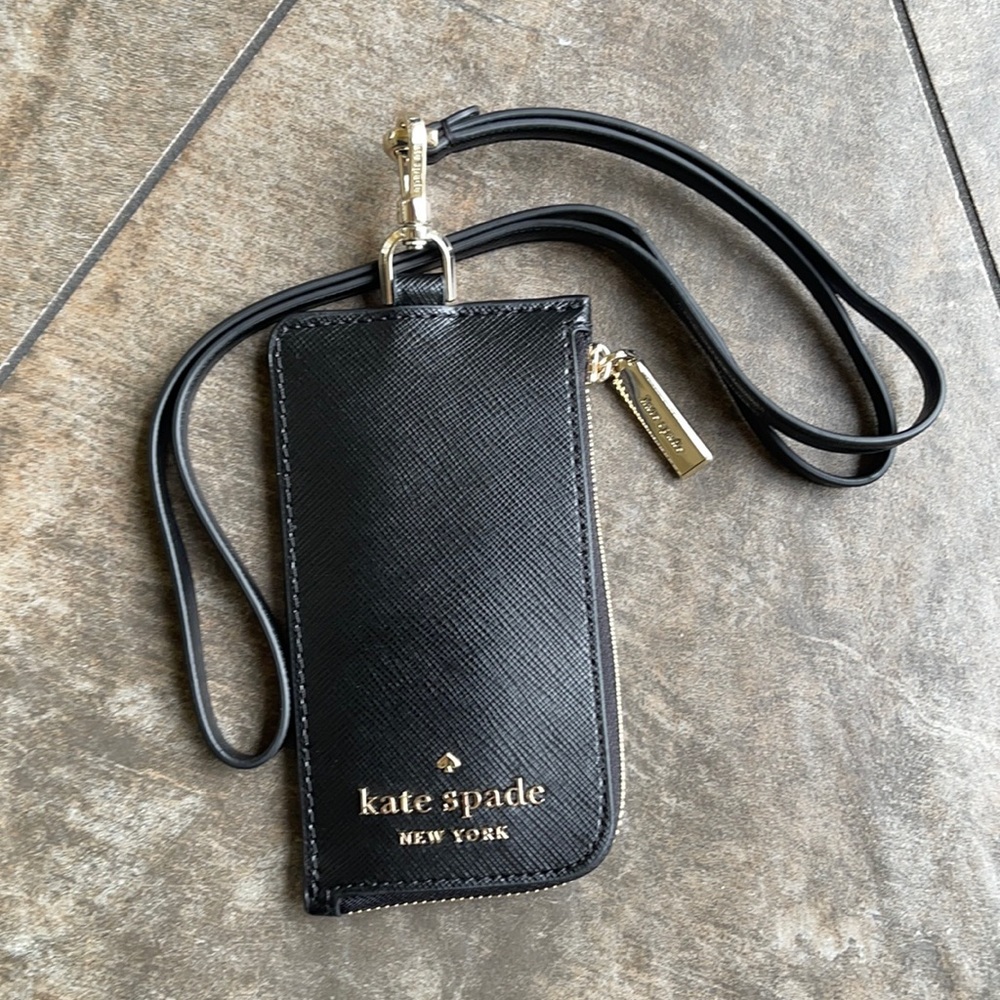 Kate Spade Card Case Lanyard Saffiano Leather Black NWT